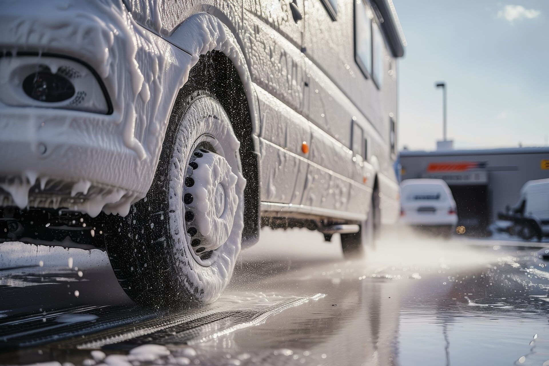 a close up image showing the process of cleaning an rv with a high pressure water hose, focusing on the wheel